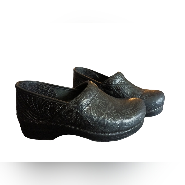 Dansko Professional Black Nubuck Floral Pattern Clog Woman's Size 40